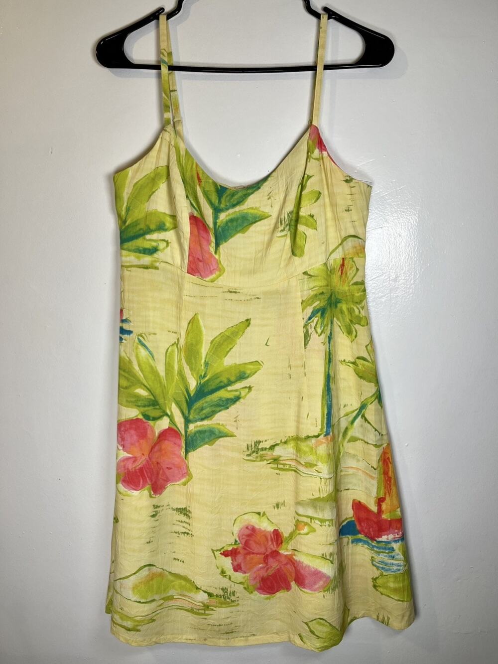 Jams World Vintage Yellow Floral Lagoon Hawaiian Print Dress S/M Summer Vacation